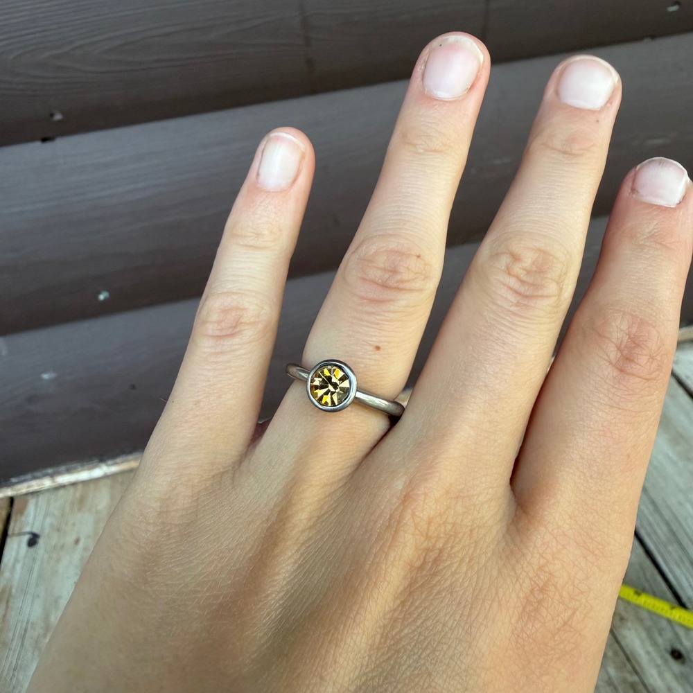 Vintage Champagne Crystal Bezel Ring Size 6.5 Silver Tone Solitaire Minimalist